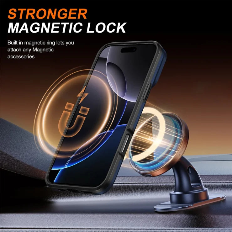 iPhone 16 Pro Cover Magnetisk Cover Ring Støtteben Skydbart Kameralåg TPU PC Hybrid Telefoncover - Blå