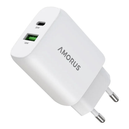 AMORUS PD 30W Type-C + QC 18W USB-A Dual Port GaN Power Adapter Hurtig Oplader til Telefon Tablet - EU Stik