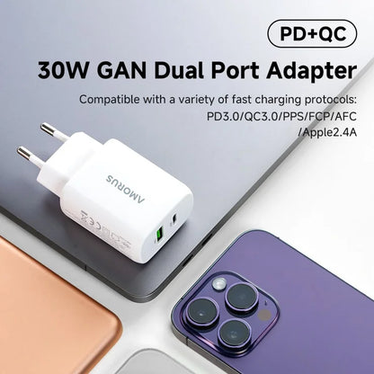 AMORUS PD 30W Type-C + QC 18W USB-A Dual Port GaN Power Adapter Hurtig Oplader til Telefon Tablet - EU Stik