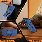 iPhone 15 Plus / 14 Plus Ring Kickstand Slide Camera Cover TPU PC Hybrid Phone Shell - Blue