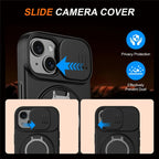iPhone 15 Plus / 14 Plus Ring Kickstand Slide Camera Cover TPU PC Hybrid Phone Shell - Black