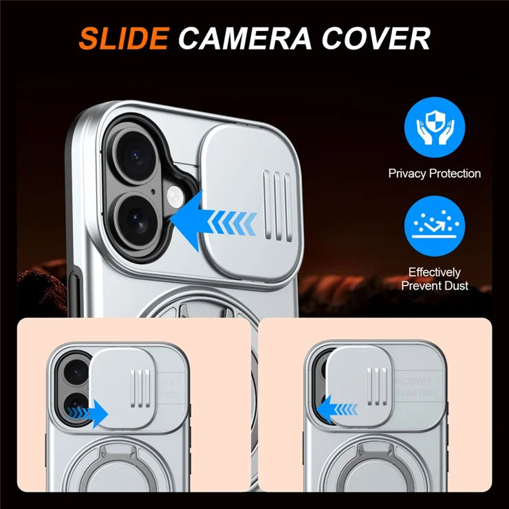 iPhone 16 Plus Case Magnetic Case Ring Kickstand Slide Camera Cover TPU PC Hybrid Phone Shell - Silver