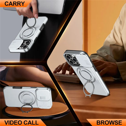 iPhone 16 Pro Case Magnetic Case Ring Kickstand Slide Camera Cover TPU PC Hybrid Phone Shell - Silver