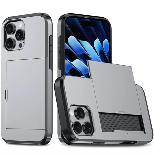 AMORUS iPhone 16 Pro -suojakuori korttipidikkeellä, PC TPU -takakansi – harmaa