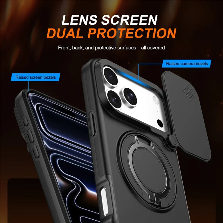 iPhone 17 Pro Max Magnetic Case Ring Kickstand Slide Camera Cover TPU PC Hybrid Phone Shell - Black