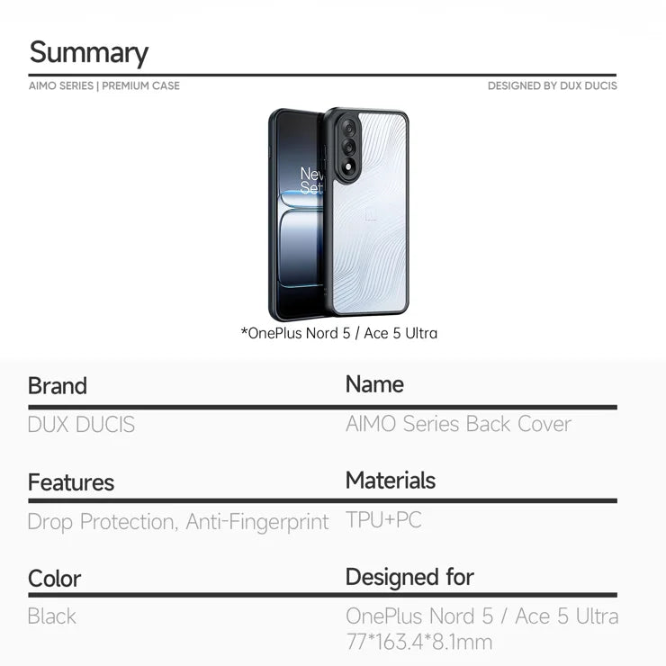 DUX DUCIS For OnePlus Ace 5 Ultra 5G / OnePlus Nord 5 5G Case Aimo Series TPU+PC Matte Drop-proof Phone Cover (REACH Certification) - Black