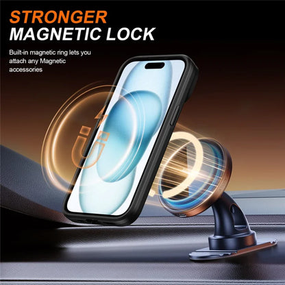 For iPhone 15 Case Magnetic Case Ring Kickstand Slide Camera Cover TPU PC Hybrid Phone Shell - Black