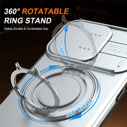 iPhone 16 Pro Case Magnetic Case Ring Kickstand Slide Camera Cover TPU PC Hybrid Phone Shell - Silver
