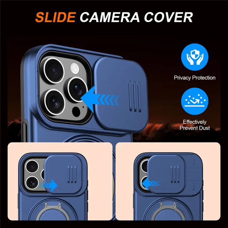 iPhone 16 Pro Cover Magnetisk Cover Ring Støtteben Skydbart Kameralåg TPU PC Hybrid Telefoncover - Blå