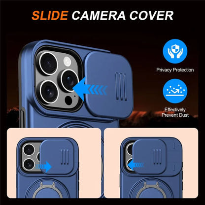 iPhone 16 Pro Cover Magnetisk Cover Ring Støtteben Skydbart Kameralåg TPU PC Hybrid Telefoncover - Blå