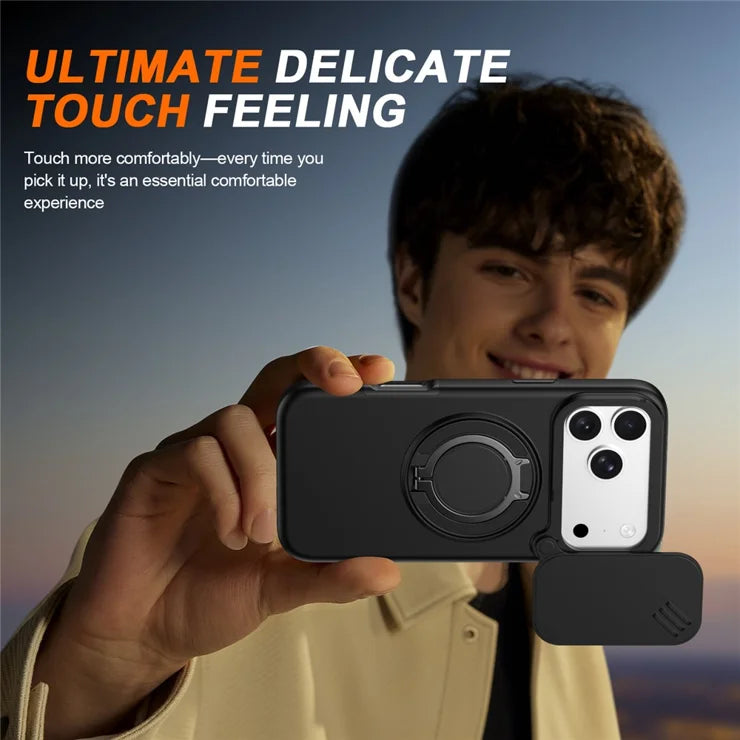 iPhone 17 Pro Magnetisk etui Ring Kickstand Slide Kameralåg TPU PC Hybrid Telefoncover - Sort