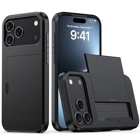 AMORUS iPhone 17 Pro -kuori liukuvalla korttikotelolla PC TPU -puhelimen takakuori - musta