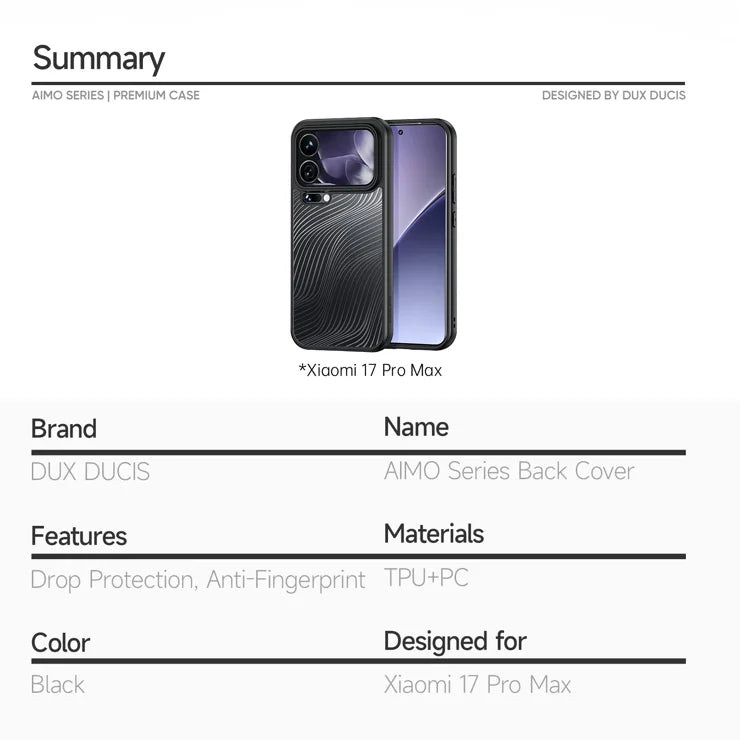 DUX DUCIS For Xiaomi 17 Pro Max Case Aimo Series TPU+PC Matte Drop-proof Phone Cover (REACH Certification) - Black