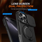 iPhone 16 Pro Max Case Magnetic Case Ring Kickstand Slide Camera Cover TPU PC Hybrid Phone Shell - Black