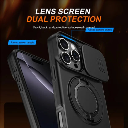 iPhone 16 Pro Max Case Magnetic Case Ring Kickstand Slide Camera Cover TPU PC Hybrid Phone Shell - Black