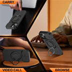 For iPhone 15 Case Magnetic Case Ring Kickstand Slide Camera Cover TPU PC Hybrid Phone Shell - Black