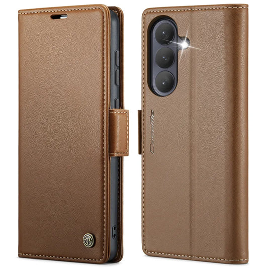 CASEME Samsung Galaxy S26+ -suojakuori, 023-sarjan RFID-suojattu, kiiltävä jalustallinen puhelinkuori – ruskea