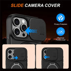 iPhone 16 Pro Max Case Magnetic Case Ring Kickstand Slide Camera Cover TPU PC Hybrid Phone Shell - Black