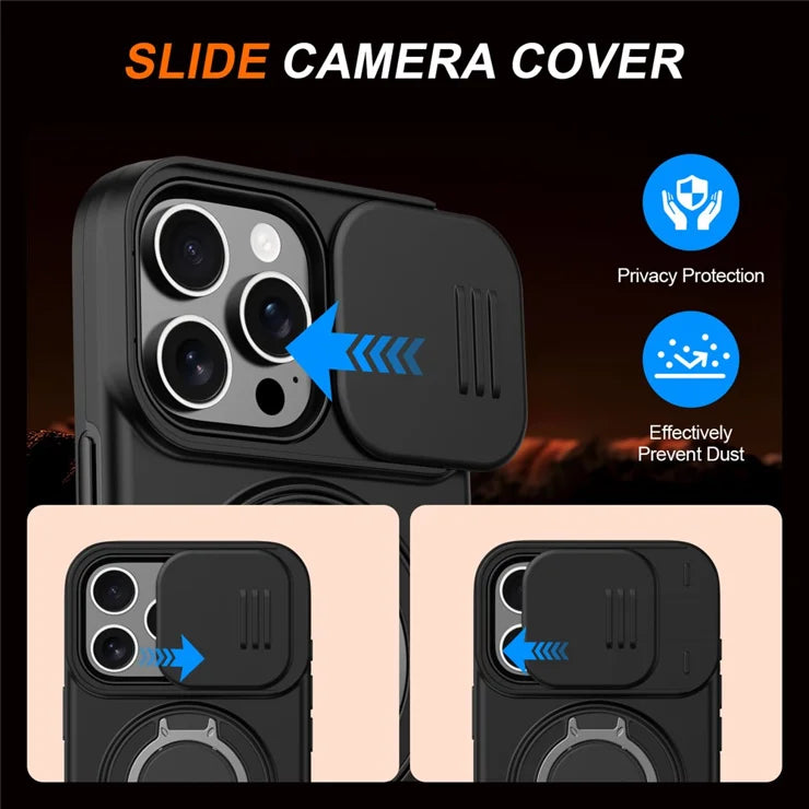 iPhone 16 Pro Max Case Magnetic Case Ring Kickstand Slide Camera Cover TPU PC Hybrid Phone Shell - Black