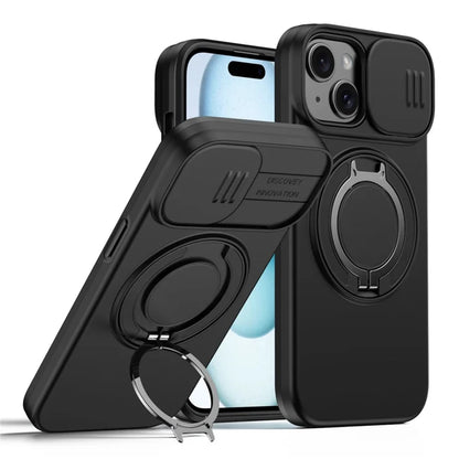 For iPhone 15 Case Magnetic Case Ring Kickstand Slide Camera Cover TPU PC Hybrid Phone Shell - Black