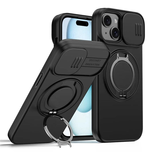 Til iPhone 15 Cover Magnetisk Cover Ring Kickstand Skyde Kamera Cover TPU PC Hybrid Telefoncover - Sort