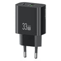USAMS CC317 T65 33W Fast Charger for iPhone 8-16 Series Dual Ports USB-A + USB-C GaN Power Adapter - EU Plug / Black