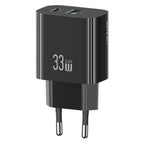 USAMS CC317 T65 33W Fast Charger for iPhone 8-16 Series Dual Ports USB-A + USB-C GaN Power Adapter - EU Plug / Black