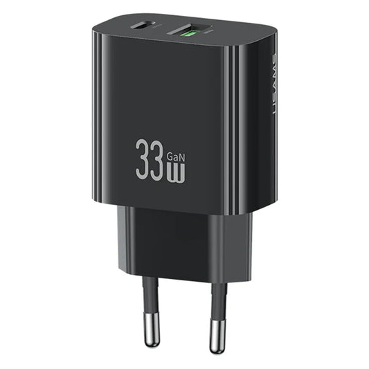 USAMS CC317 T65 33W Lynlader til iPhone 8-16-serien Dual Ports USB-A + USB-C GaN Strømadapter - EU Stik / Sort