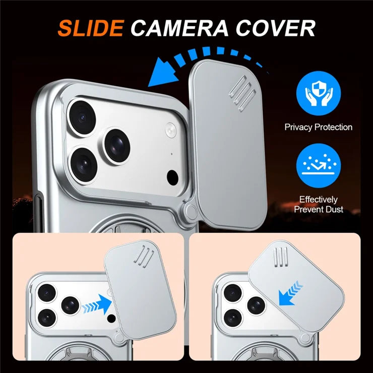 iPhone 17 Pro Max Magnetic Case Ring Kickstand Slide Camera Cover TPU PC Hybrid Phone Shell - Grey
