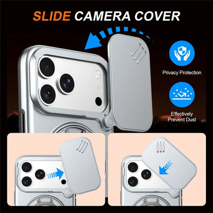 iPhone 17 Pro Magnetic Case Ring Kickstand Slide Camera Cover TPU PC Hybrid Phone Shell - Grey