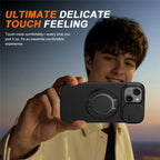 For iPhone 15 Case Magnetic Case Ring Kickstand Slide Camera Cover TPU PC Hybrid Phone Shell - Black