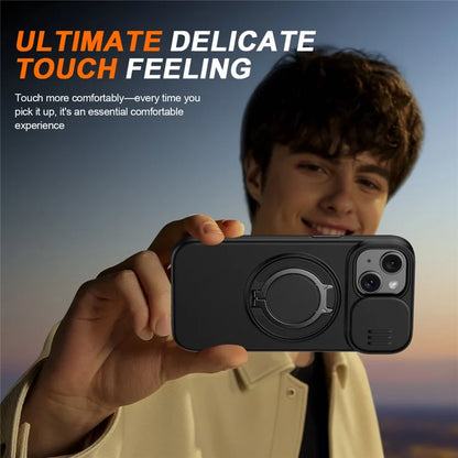 For iPhone 15 Case Magnetic Case Ring Kickstand Slide Camera Cover TPU PC Hybrid Phone Shell - Black
