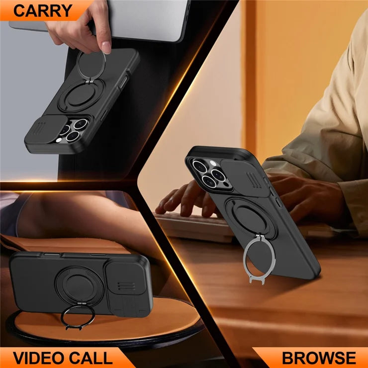 iPhone 16 Pro Max Case Magnetic Case Ring Kickstand Slide Camera Cover TPU PC Hybrid Phone Shell - Black