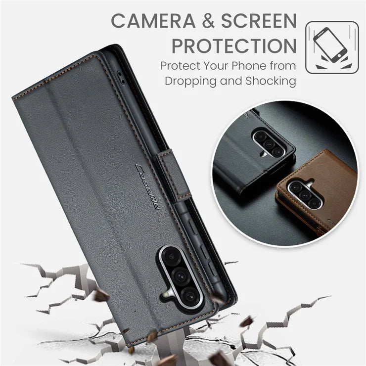 CASEME For Samsung Galaxy A56 5G Leather Case 023 RFID Blocking 3 Card Slot Mobile Cover - Black