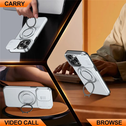 For iPhone 15 Pro Max Magnetic Case Ring Kickstand Slide Camera Cover TPU PC Hybrid Phone Shell - Grey