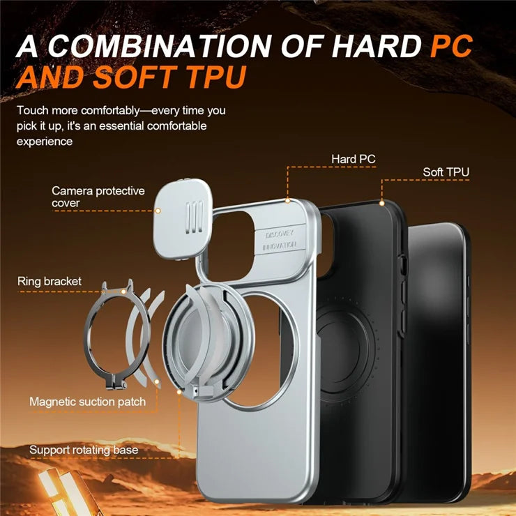 iPhone 15 Plus / 14 Plus Ring Kickstand Slide Camera Cover TPU PC Hybrid Telefoncover - Grå
