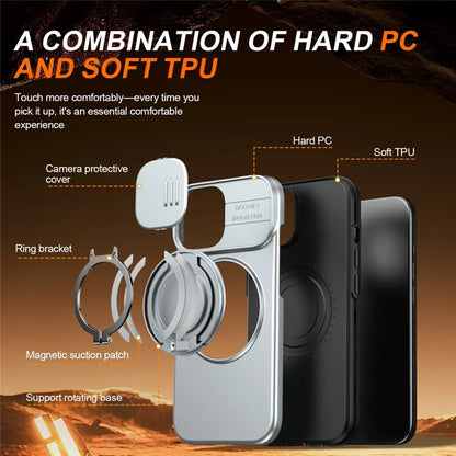 iPhone 15 Plus / 14 Plus Ring Kickstand Slide Camera Cover TPU PC Hybrid Telefoncover - Grå