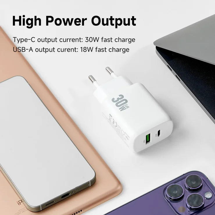 AMORUS PD 30W Type-C + QC 18W USB-A Dual Port GaN Power Adapter Hurtig Oplader til Telefon Tablet - EU Stik