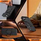 iPhone 15 Pro Max Magnetic Case Ring Kickstand Slide Camera Cover TPU PC Hybrid Phone Shell - Black