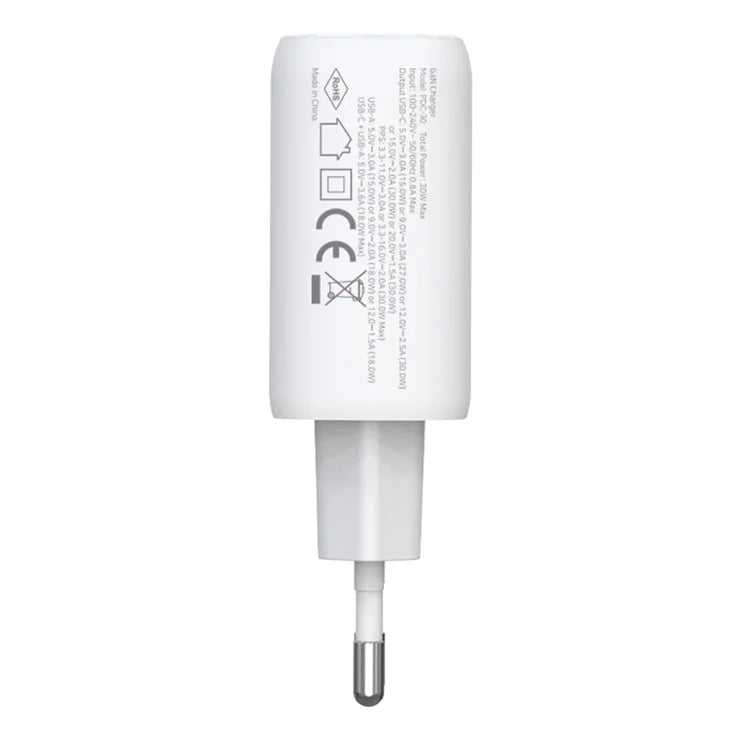 AMORUS PD 30W Type-C + QC 18W USB-A Dual Port GaN Power Adapter Hurtig Oplader til Telefon Tablet - EU Stik