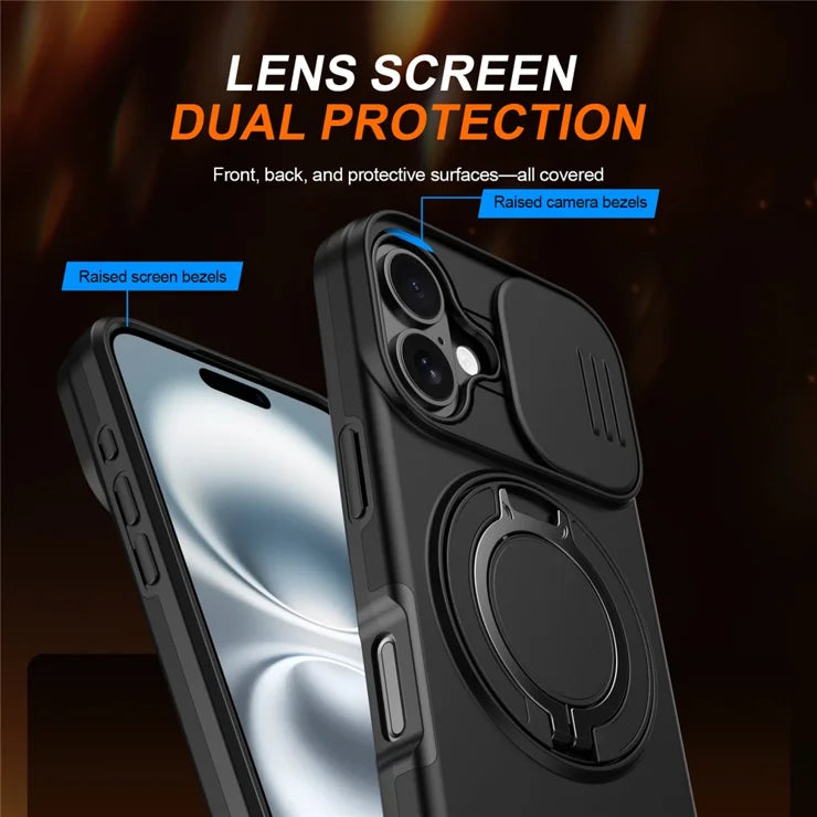 iPhone 17 Case Magnetic Case Ring Kickstand Slide Camera Cover TPU PC Hybrid Phone Shell - Black