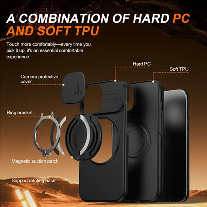iPhone 15 Plus  /  14 Plus Ring Kickstand Slide Camera Cover TPU PC Hybrid Phone Shell - Black