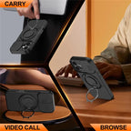iPhone 17 Case Magnetic Case Ring Kickstand Slide Camera Cover TPU PC Hybrid Phone Shell - Black