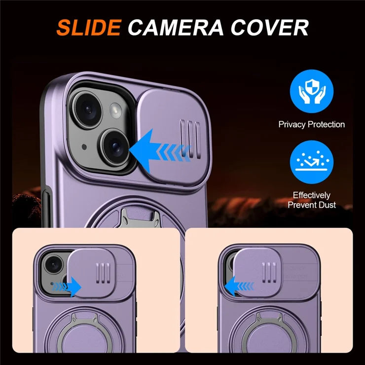 iPhone 15 Case Magnetic Case Ring Kickstand Slide Camera Cover TPU PC Hybrid Phone Shell - Purple