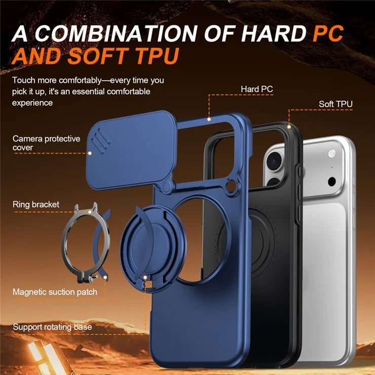 iPhone 17 Pro Magnetisk etui Ring Kickstand Skydbart Kameracover TPU PC Hybrid Telefoncover - Blå