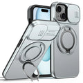 iPhone 15 Plus / 14 Plus Ring Kickstand Slide Camera Cover TPU PC Hybrid Phone Shell - Grey