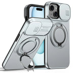 iPhone 15 Plus / 14 Plus Ring Kickstand Slide Camera Cover TPU PC Hybrid Phone Shell - Grey