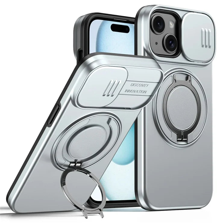 iPhone 15 Plus / 14 Plus Ring Kickstand Slide Camera Cover TPU PC Hybrid Telefoncover - Grå