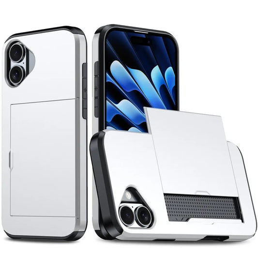 AMORUS iPhone 17 -kotelo liukuvalla korttikotelolla, PC TPU -takakuori puhelimelle - hopea
