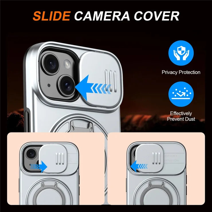 iPhone 15 Case Magnetic Case Ring Kickstand Slide Camera Cover TPU PC Hybrid Phone Shell - Silver